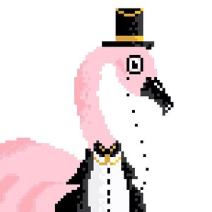 Peut inclure: Un flamant rose portant un smoking noir avec un nœud papillon doré et un haut-de-forme noir avec un bandeau doré. Le flamant rose a un monocle.