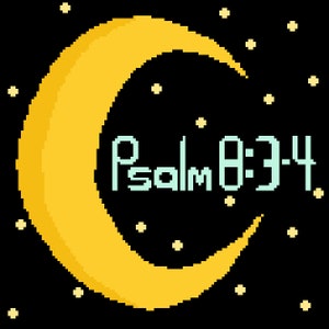 May include: A yellow crescent moon with stars in a dark blue sky. The text "Psalm 8:3-4" is written in white.