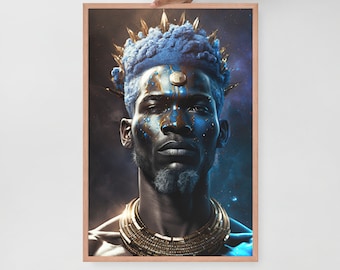 May include: Framed art print featuring a portrait of a person with blue hair and skin adorned with gold accents. The artwork depicts a regal figure wearing a gold crown and necklace, set against a dark, cosmic background. The frame is a light brown color.