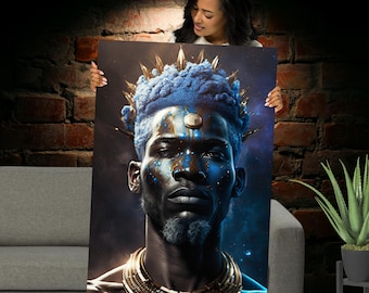 May include: A digital art print of a person with blue hair and a gold crown. The person has blue and gold paint on their face and is wearing a gold necklace.