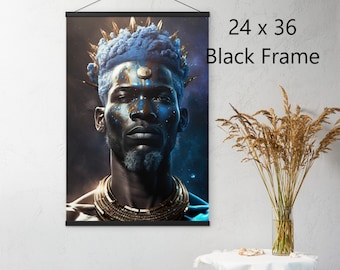 May include: A digital art print of a man with blue hair and gold jewelry. He has blue and gold paint on his face and a crown of gold spikes. The background is a dark blue with stars.