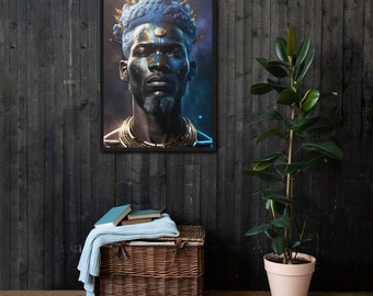 May include: A framed portrait of a person with blue hair and gold jewelry. The person has blue and gold paint on their face and is looking directly at the camera. The background is a dark blue and black nebula.
