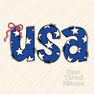 May include: The word "USA" in a whimsical font, with each letter in blue, filled with white stars. The letters are outlined in black with stitched details. A pink bow adorns the top of the "U". The background is a light beige with a subtle textured pattern.