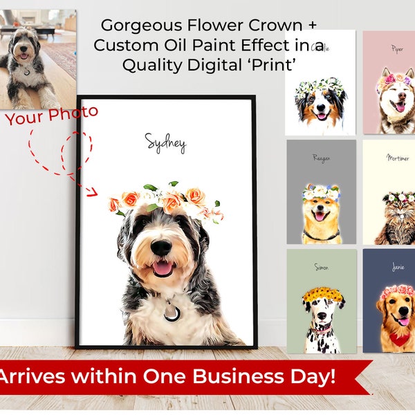 Custom Pet Portrait - Personalized and Makes a Great Gift! Flower Crown Pet Dog Wall Art DIGITAL DOWNLOAD to Print on Poster or Canvas.