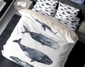 Whales Coastal Ocean Watercolor Duvet Cover // 100% Cotton, Designed & Printed in USA!
