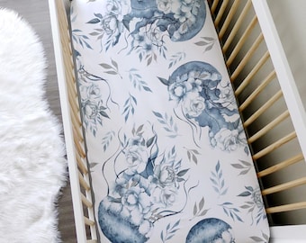 Mermaid Ocean Nautical Patterns // Oval & Crib fitted sheet // Personalized Crib Sheet With Name // 100% cotton. Made in USA