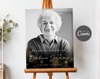 Signo de bienvenida al funeral, blanco y negro con oro para la celebración de la vida, en memoria amorosa, Canva imprimible editable, tablero conmemorativo grande