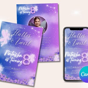 Fee-Geburtstags-Party Thema Einladungskarte, lila Fee wunderliche magische verzauberte Pixie Prinzessin bearbeitbare Canva Vorlage Sofort-Download