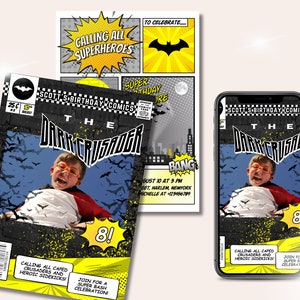 Invito Bash di compleanno comico super eroe, biglietto personalizzato E-vite giallo e nero per supereroi, pipistrello, invito stampabile facile e veloce per bambini