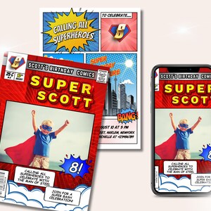 Convite para festa de aniversário em quadrinhos de super-heróis, cartão personalizado vermelho e azul de super-heróis, convite rápido e fácil para crianças
