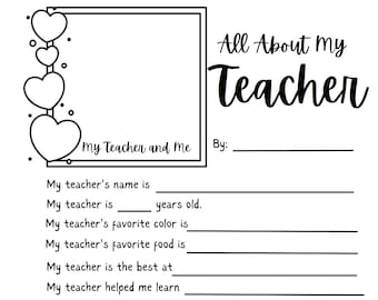 All About My Teacher Printable, Teacher Appreciation Gift (PDF)