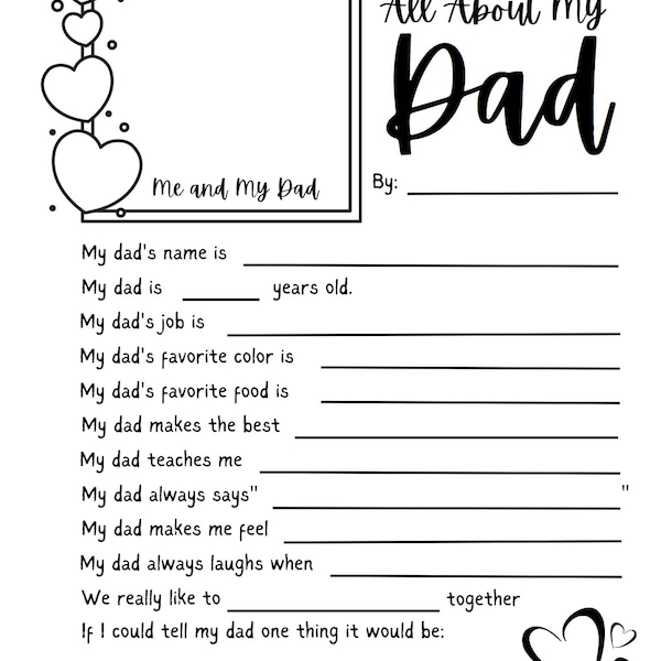 All About My Dad Questionnaire, Father's Day Craft, Father's Day Worksheet, Gift for Dad from Kids, Father's Day Gift, Grandpa and Uncle