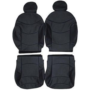 May include: A set of four black car seat covers. The covers are made of a smooth material and feature a padded design with horizontal stitching. The set includes two seat back covers with headrest covers and two seat bottom covers.
