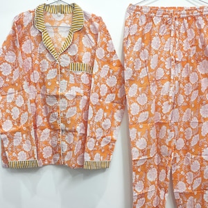 Floral Cotton Pajama Set: Indian Hand Block Print, Lightweight Lounge Set