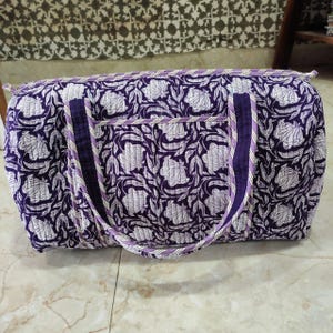 Handmade Quilted Duffle Bag | Floral Cotton Tote Bag | Boho Shoulder Weekender | Block print Travel Purse | Yoga Overnight Carryall