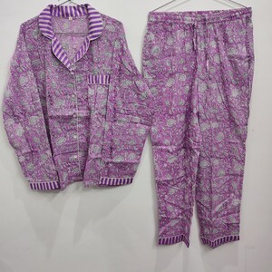 Floral Block Print Cotton Pajama Set: Indian Handmade Sleepwear
