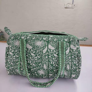 Green Floral Quilted Duffle Bag for Women | Hand Block Print Cotton Travel Tote Bag | Boho Weekender Overnight Bag | Handmade Gym Carry On