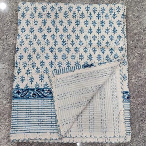 Hand Block Print Cotton Queen Bedspread: Floral Kantha Stitch Bedding
