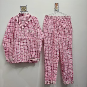 Hand Block Print Cotton Pajama Set: Pink Floral Loungewear
