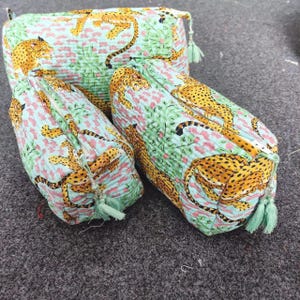 Tiger Print Make-up Taschen 3er Set | Gesteppter Kulturbeutel | Block Print Kosmetiktasche | Handmade Wash Kit | Baumwolle Kosmetik Geschenk für Sie
