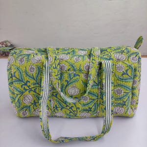 Big Hand Block Print Duffle Bag | Green Floral Quilted Cotton Travel Tote Bag | Indian Handmade Gym Weekender | Boho Overnight Bag Gift Her