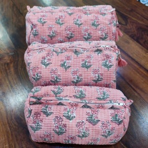 Handmade Quilted Cotton Pouch Set: Indian Block Print Travel Makeup Case