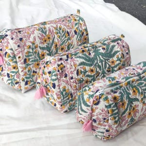 Set of 3 Makeup Pouches | Quilted Cotton Bags | Indian Block Print Travel Organizer | Wash Bag Gift for Women | Cosmetic Toiletry Kit