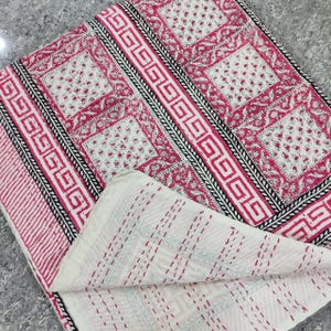 Hand Block Print Kantha Quilt: Queen Size Indian Bedspread