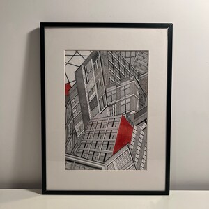 Graphical Drawing &quot;Red Walls&quot; @kapiteko - futuristic, abstract, modern, black/white/red, simplistic, decor, pen drawing, sketches, wall art