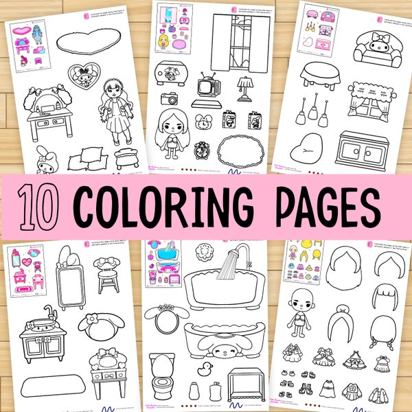 Coloriages poupée de papier Toca Boca | Activités d'apprentissage pour les enfants | 10 pages à colorier | Coloriage Montessori | Livre de feuilles à colorier | PDF