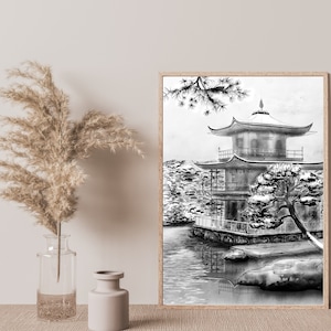 Kinkaku-ji Temple Poster | Trees Poster | Lake Pond Art Print | Oriental Woodcut Traditional Japanese Art | Wall Art Decor | Printable Gift