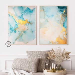Art mural abstrait bleu | Aquarelle bleu et or | Art mural imprimable de formes | Lot de 3 imprimés géométriques de couloir | Décoration murale de salon