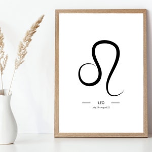 Leo Zodiac Astrology Poster, Fire Star Sign, Unique Gift, Lion Art Print, Gallery Wall Decor, Instant Download, Birthday present for friend