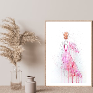 Watercolor Pink Dress Poster, Printable Princess Wall Art, Bride Print Fashion, Girl Illustration, Watercolor Fashion Poster, Livingroom Art