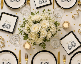 Cheers to 60th Birthday Party Bundle | Black Gold Plates & Napkins