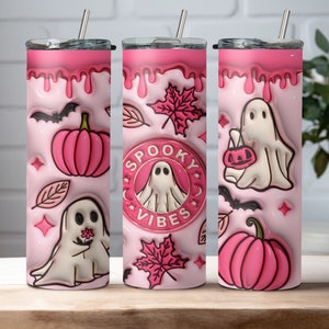 Spooky vibes tumbler- cute halloween tumbler- cute pink tumbler-coffee cup for fall-ghost tumbler- pumpkin spice tumbler-gifts for her