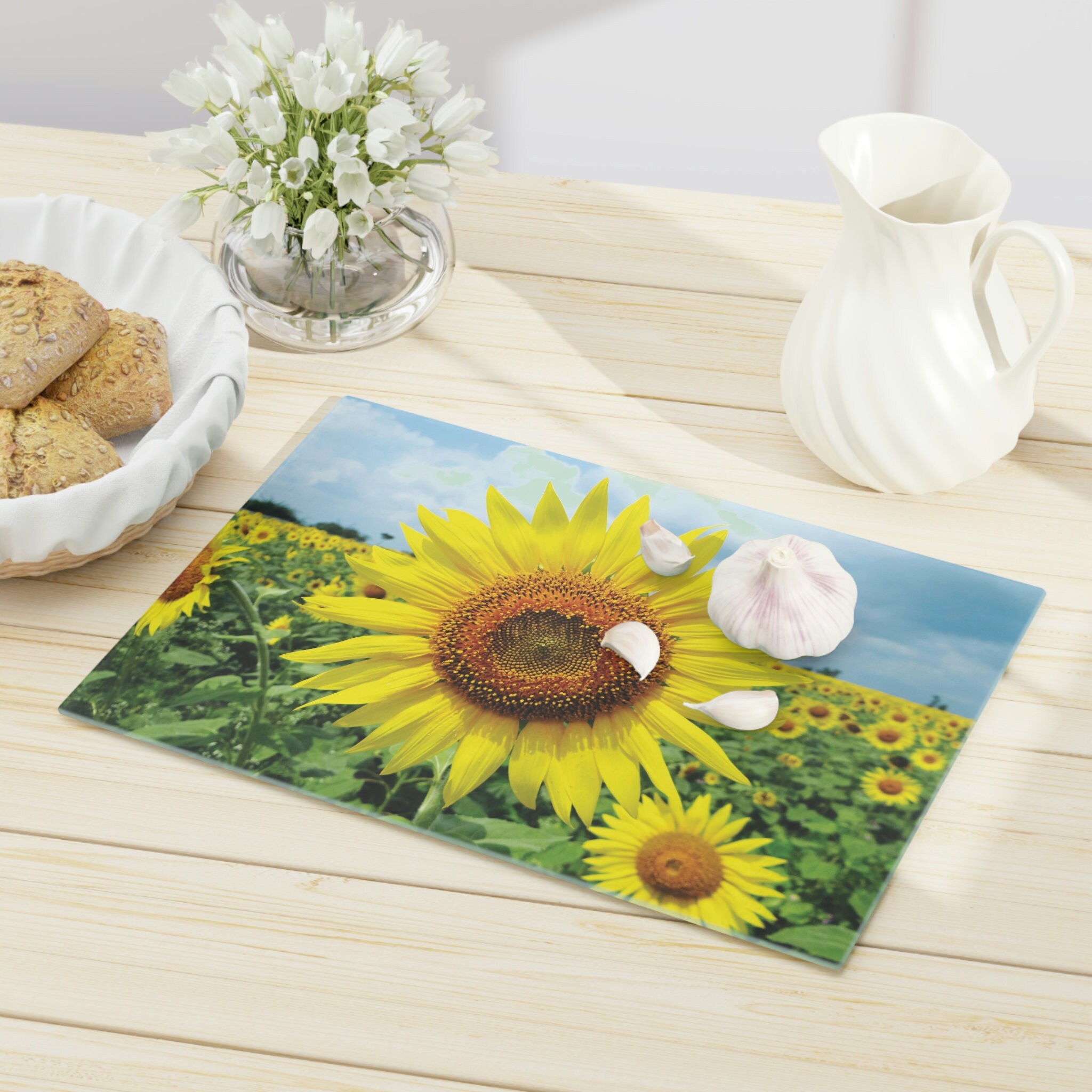 Sunflower Cutting Board, Sunflower Decor, Glass Cutting Board