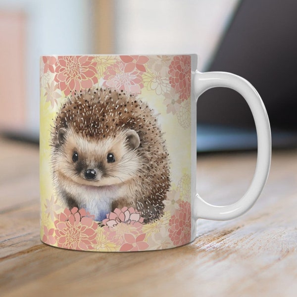 Hedgehog Gift Mug, Ceramic 11 oz., Hedgehog Lover Coffee Cup, Summer Hedgehog Pink Floral Mug, Hedgehog Mom, Tea Mug for Her, Microwave Safe