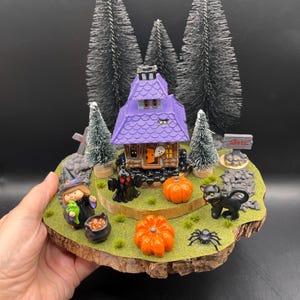 Large Handmade Haunted House Diorama, Halloween Tiered Tray Decor, Mini Witch & Black Cat Spooky Village, Gothic Pumpkin Patch Shelf Sitter