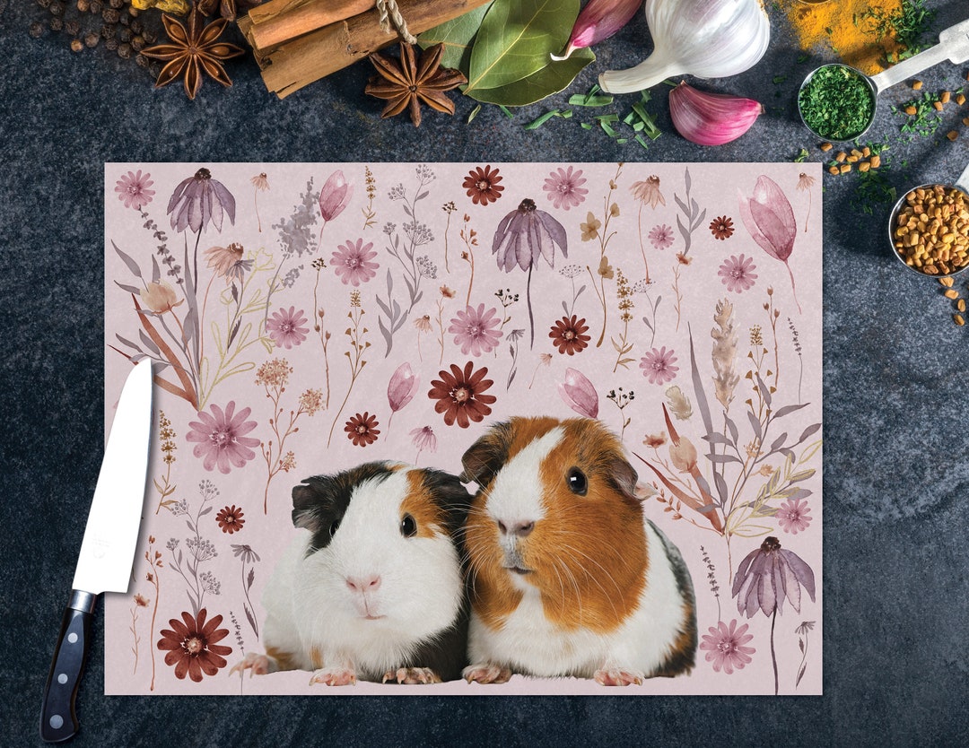 Pink Floral Guinea Pig Glass Cutting Board, Pig Owner Garden Party Tray