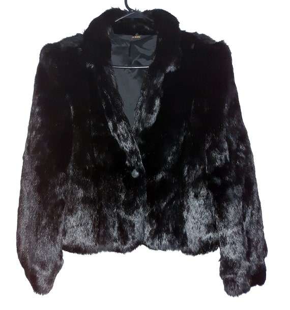 VTG 80's Glam Silky Black Rabbit Lined Fur Jacket With