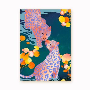 Hand-drawn and printed digital illustration, Two panthers in an aquatic landscape