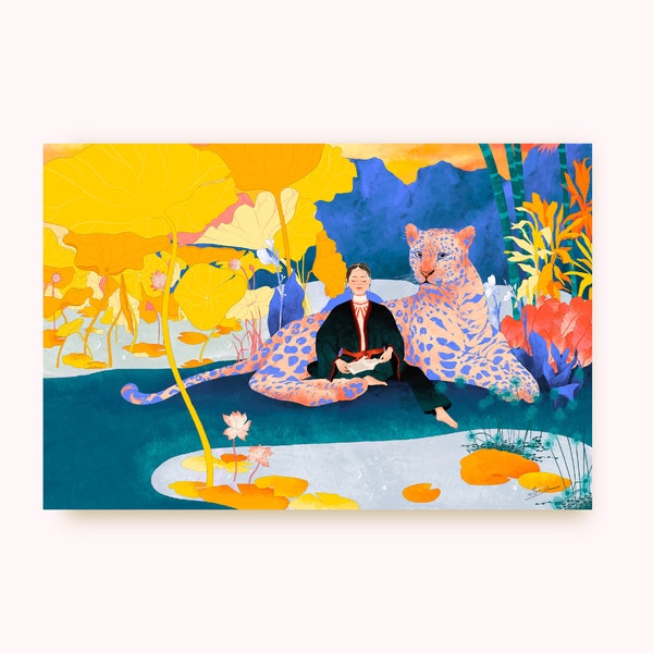 Illustration numérique réalisée à la main et imprimée, femme qui lit dans une jungle à côté d'une panthère de l'amour