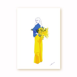 Von Hand gefertigte und gedruckte digitale Illustration, junges Mädchen mit einem Strauß Mimosenblüten