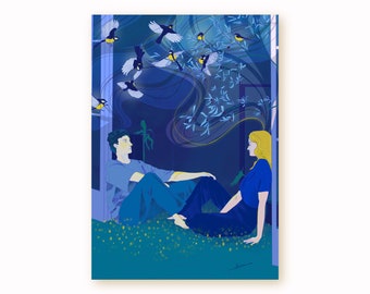 Digital illustration made by hand and printed, couple of dreamers sitting surrounded by birds and olive branches