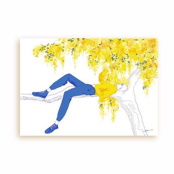Illustration numérique réalisée à la main et imprimée, jeune homme couché sur un arbre mimosa