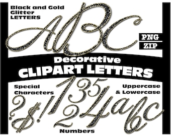 Black and Gold Glitter Clipart Letters PNG Digital Download Complete Alphanumeric Set Cursive Font