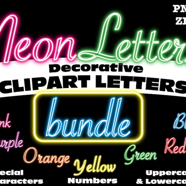 Glowing Neon Sign Clipart Letters Bundle PNG Digital Download 7 Complete Alphanumeric Sets Script Font