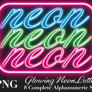 Gloeiende neon teken clipart brieven bundel PNG digitale download 8 complete alfanumerieke sets cursief lettertype