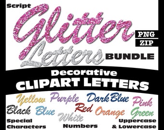 Glitter Clipart Letters Bundle PNG Digital Download 10 Complete Alphanumeric Sets Script Font